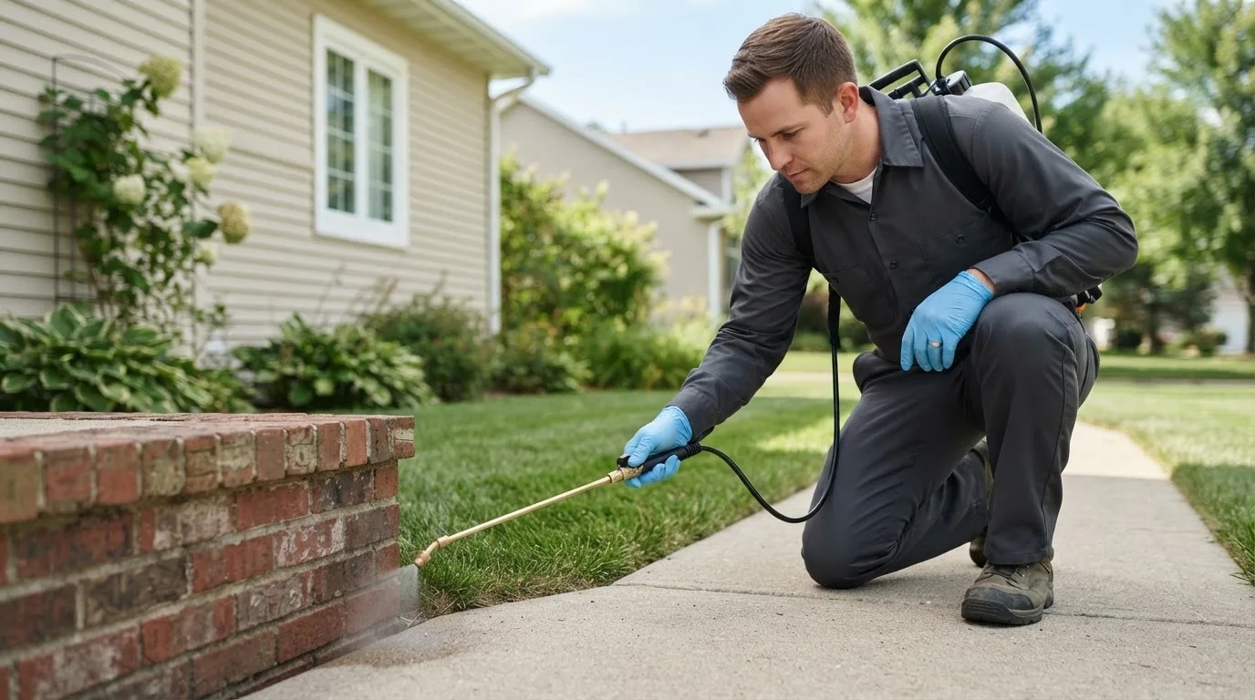 Pest control technician treating a home near Hartwick, IA